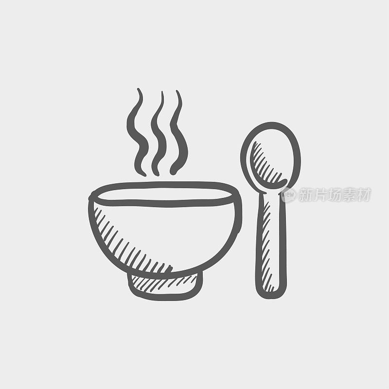 Bowl of hot soup with spoon sketch hand drawn doodle icon